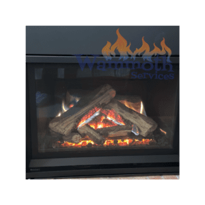 Regency Atmosphere Direct Vent fireplace burning brightly.